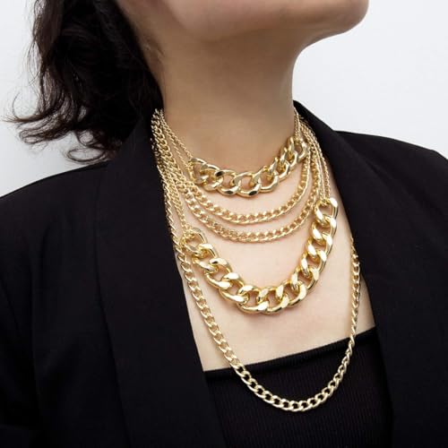 IHLOOTD Kubanische Halskette Damen Goldene Dicke Halskette Layering Necklace Gold Hip Hop Necklace Dicke Goldkette Karneval für 80er 90er Jahre Accessoires, Karnevalszubehör, Geschenke für Frauen