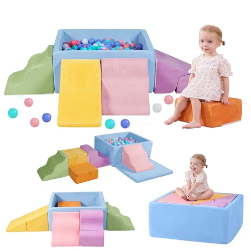 MOOZHEALTH 7 Pieces Foam Climbing Blocks for Toddlers|Baby Soft Play Set with Square Ball Pit,Kids Indoor Climbers & Play Structures,Macaron Color(Balls not Included)
