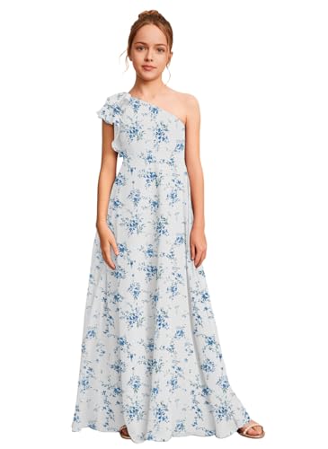 One Shoulder Junior Bridesmaid Dresses with Pockets A Line Ruffles Chiffon Long Flower Girl Dress for Wedding