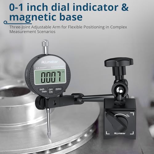 ALLmeter Digitale Messuhr Set mit 60KG Magnetfuß, Präzise digitale Messuhr 0,01mm, Nullfunktion, LCD Display, Schaltbarer Magnethalter für Werkstatt & Maschinenjustierung