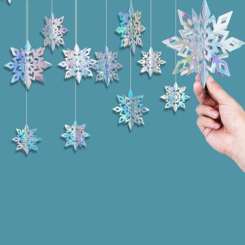 hhdatc 3D Frozen Hanging Snowflakes Christmas Hanging Silver Snowflake Garland Winter Wonderland Decorations for Frozen-Themed Birthday Party