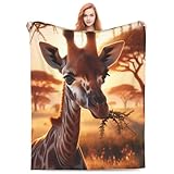 Schwarze Überwurfdecke mit Sonnenuntergang, süße Giraffe, weich, gemütlich, warm, Flanell-Bettdecke, Plüsch, warm, leichte Bettdecke für Stuhl, Bett, Couch, Sofa, Wohnzimmer, Heimdekoration, 101,6 x 7