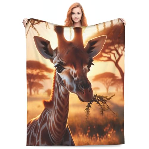 Schwarze Überwurfdecke mit Sonnenuntergang, süße Giraffe, weich, gemütlich, warm, Flanell-Bettdecke, Plüsch, warm, leichte Bettdecke für Stuhl, Bett, Couch, Sofa, Wohnzimmer, Heimdekoration, 101,6 x 7