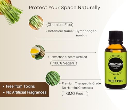 Image of Earth N Pure Citronella Essential Oil | 100% Pure & Natural | Steam Distilled & Undiluted | Outdoor Freshness, Home Fragrance & Aromatherapy | Vegan & Cruelty-Free | 50ml