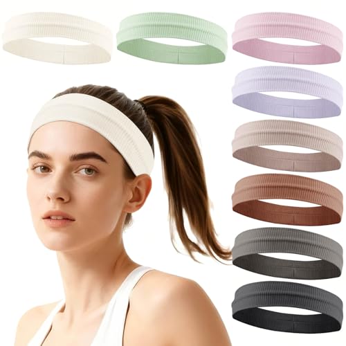 Image of DRESHOW 8 Pack Sweat Bands Headbands for Women Workout Non-Slip Stretchy Fashion HairBand Curly Hair Headband Soft Hair Accessories for Sports Running Athletic Yoga