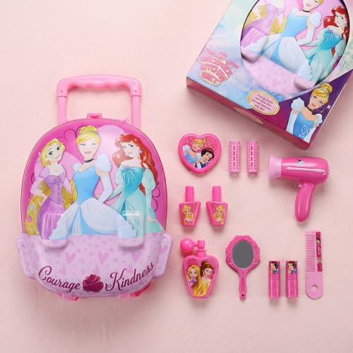 Image of Disney Princess 2-in-1 Backpack Dressing Table & Trolley Gift Set for Kids - 13 Pcs Pretend Play Makeup Kit with Electronic Dryer - Portable Vanity Toy |Birthday Gift for Girls Age 3+
