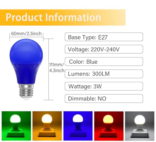 ZFQ Blue E27 LED Light Bulb A60 Edison Screw Bulb,3W A60 Coloured Lighting Bulbs E27 Blue Filament Lamp - Image 2