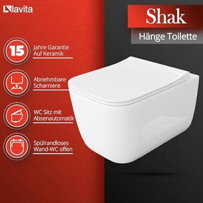 Lavita Duofix Basic Vorwandelement + Wand Tiefspül WC Shak Weiß Spülrandlos + WC Sitz + Bedienplatte Delta 25 Schwarzer Knopf Komplettset Unterputz Spülkasten Toilette Komplett Sett WC – Bild 5