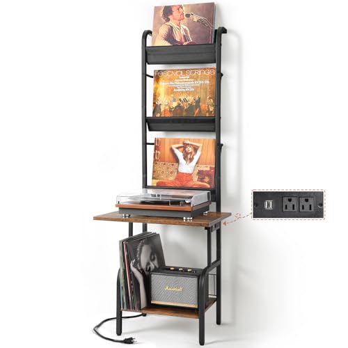Record Player Stand with Power Outlet, Record Player Table with Vinyl Record Storage up to 200 Albums, Turntable Stand with Record Holder Vinyl Display Shelf, Record Player Cabinet Organizer Rack
