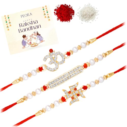 Image of Peora Om Shree Ram Swastik Rakhi for Brother Bhaiya | Crystal & Beads Studded | Red Thread | Raksha Bandhan Hamper with Roli Chawal Greeting Card