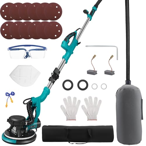 MINENICE lijadora pared y techo 850W lijadora jirafa con aspirador 800–2100 RPM, 5 velocidades ajustables Cabezal de esmerilado de Ø 215 mm y basculante de 90° lijadora pared con luz LED