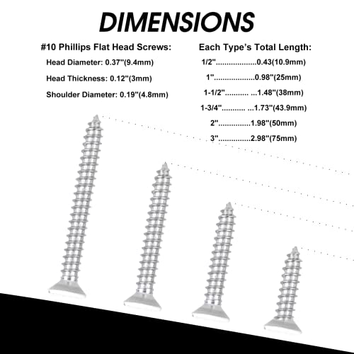 Image of White Head 50 PCS #10X3 Stainless Steel Phillips Flat Head Wood Screws,Stainless Steel 18-8 A2(304) Screw,Home Screw Kit by QISHENG