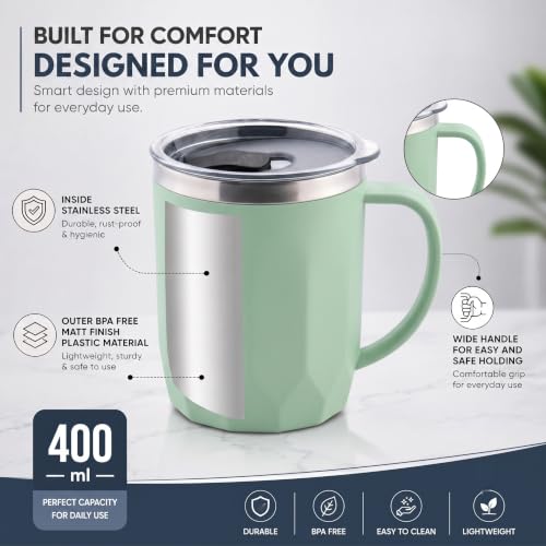 Image of MAGIC SPOON Stainless Steel Travel Coffee Mug with Sipper Lid & Handle, Insulated Tea Cup, BPA-Free Double Wall Tumbler for Hot-Cold Beverages, Office, Home, Car- PISTA-BEIGE, (Combo Pack (400ml X 2))