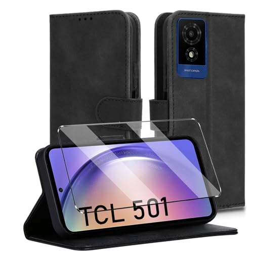 HuiYouMY 2-in-1 Case Compatible with TCL 501 Leather Phone Case, Wallet Case Cover [Card Slots] [Kickstand] Magnetic Closure Full Protection Book Folio Design wallet flip phone case - Black