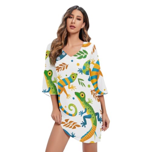 Robe trapèze d'été Cute Lizards de style décontracté chic manches 3/4
