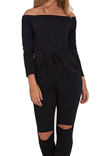 PROGRACE Woman's Boat Neck Long Sleeve Cut Out Pants Casual Jumpsuits Rompers Black XL