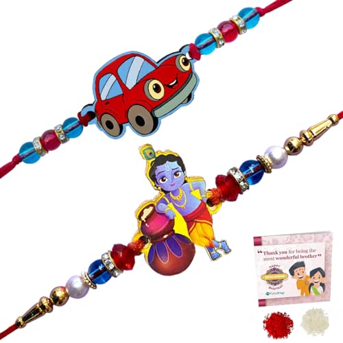 Image of Cartoon Kanha Bal Krishna and Car Rakhi for Baby /Kids Brother /Sister | Combo for Kids | Rakhi with Greeting Card & Roli Chawal