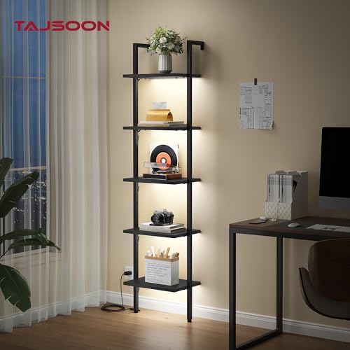 Tajsoon 5 Tier Ladder Shelf with Light, Wooden Wall Mounted Book Shelf, Ladder Bookshelf with Metal Frame, Wall Mounted Ladder Bookshelf for Office, Living Room, Bedroom, Black - Image 4