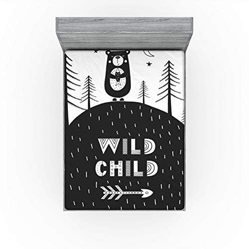 Ambesonne Grey and White Fitted Sheet, Hand Drawn Bear Holding a Fish with a Smile in Forest Wild Child, Bed Cover with All-Round Elastic Deep Pocket for Comfort, King Size, White Charcoal