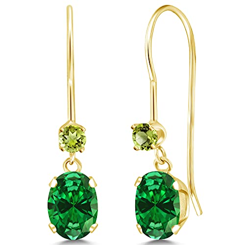 Gem Stone King 1.50 Ct Oval Green Simulated Emerald Green Peridot 14K Yellow Gold Dangle Earrings