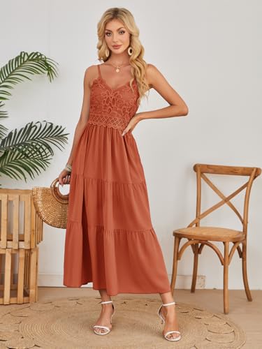 Dokuritu Women's Beach Crochet Lace Maxi Dress Solid Color Summer Vacation Spaghetti Strap Long Dress 2024 (Brickred, Small)4