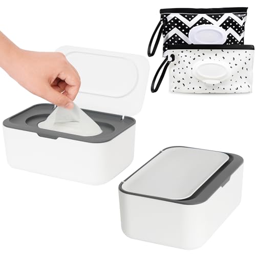 Image of 2 Pack Wipes Dispenser with 2 Portable Wipe Cases, Wipe Holder for Baby & Adult, Seposeve Refillable Wipe Container, Keeps Wipes Fresh. Easy Open/Close Wipes Pouch Case, 2 Grey + Black White