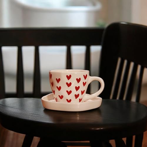 Image of Heart Print Ceramic Coffee Mug and Saucer Set of 2 - Aesthetic Tea Cup, Cute Coffee Mugs for Cafe, Cups & Mugs, Best Gift for Couples and Friends 250 Ml