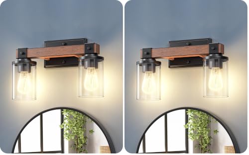 Image of EDISHINE Farmhouse Vanity Lights for Bathroom, 2-Light Bathroom Vanity Light Fixtures Over Mirror, Painted Wood Bath Wall Sconces Lamp with Clear Glass Shade for Bedroom, Powder Room (Pack of 2)