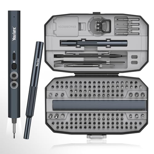 YesRight Mini destornillador eléctrico 155 en 1, juego de destornilladores de precisión pequeños máx. 5 N.m, destornillador inalámbrico con 3 ajustes de par de torsión 140 puntas magnéticas S2, juego