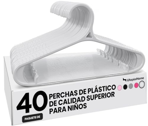 Utopia Home Perchas Niños Pack 40, Perchas Bebé Antideslizantes Blanco, Perchas Infantiles con Gancho Giratorio, Ligeras y Duraderas