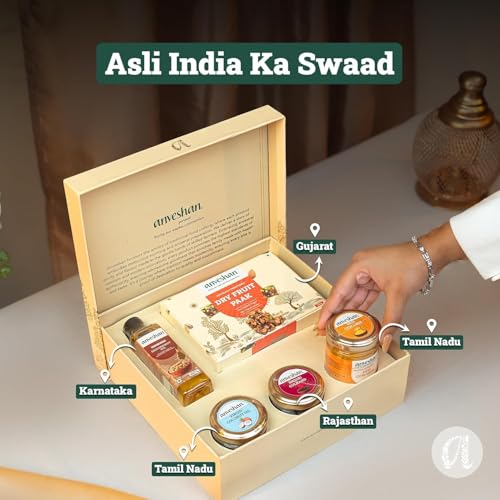 Image of Anveshan Diwali Gift hamper - Dry Fruit Paak, A2 Desi Cow Ghee, Wood-Pressed Groundnut Oil, Cold Pressed Virgin Coconut Oil & Mishri Gulkand | Festive Gift Box | Hamper For Gifting