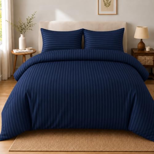 Image of Castiqa Premium Glace Cotton Satin King Size Stripes Pattern Quilt Cover /Duvet Cover /Rajai Cover /Blanket Cover with Zipper Closure (Navy, Single Bed (60x90 inch))