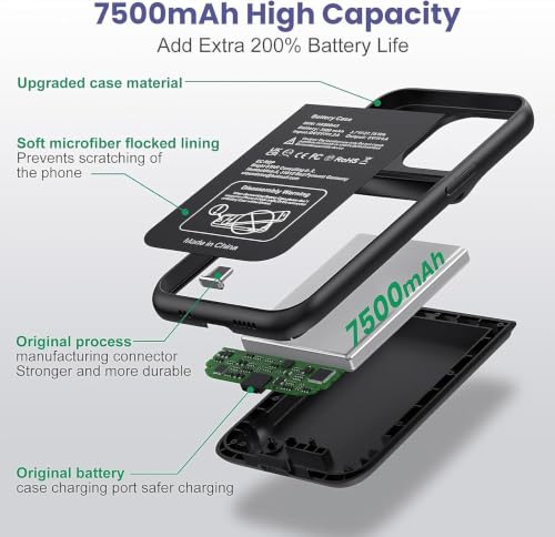Image of Battery Case for iPhone 13 /13 Pro /14, Upgraded 7500mAh Ultra-Slim Portable Charging Case Rechargeable Protective Extended Charging Cover Only for iPhone13 /13 Pro /14 Battery Pack (6.1 Inch), Black