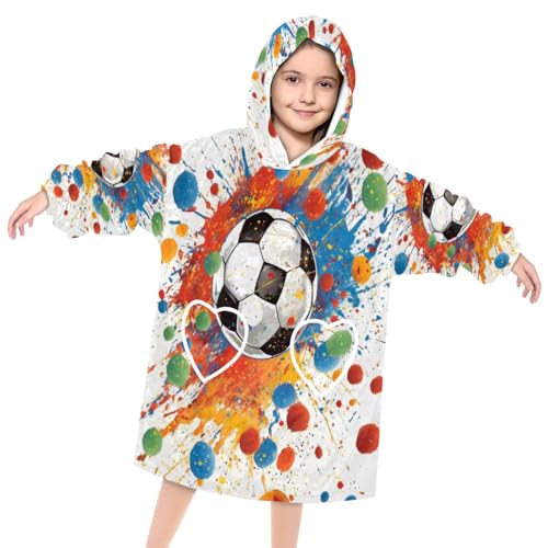 Kids Blanket Hoodie Soccer Watercolor Wearable Blanket Hoodie Oversized Hooded Blanket, Sweatshirt Blanket with Pockets Soft Warm Kids Hooded Blanket for Girls, Boys