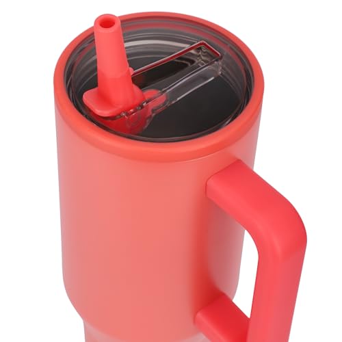 Image of House of Quirk 1200ML Tumbler with Handle & Simple Flip Straw - Car Cup Holder Friendly, Leak Resistant Stainless Steel Water Bottle with Rubber Base (Coral)