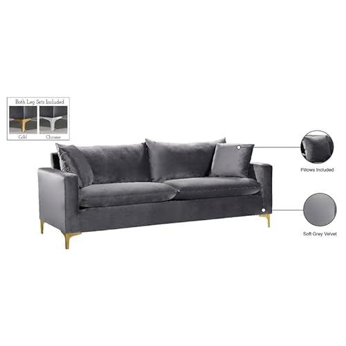 Meridian Furniture Naomi Collection Stainless 1 Modern | Contemporary Velvet Upholstered Sofa With Stainless Steel Base In A Rich Gold Or Chrome Finish, Grey #TOP5