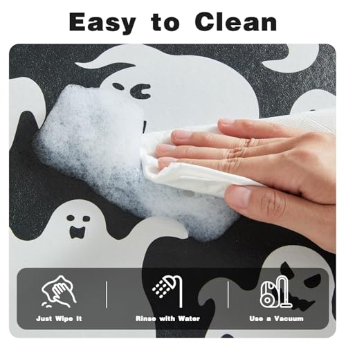 Halloween Bath Mat, Thin Halloween Bathroom Rug Non Slip Quick Dry Ghost Bath Mat Fits Under Door Thin Floor Mat Halloween Decor, 17''x30'', Spooky Ghosts Black