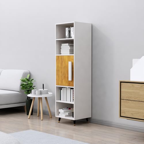 Image of Bniture Bookshelf for Home | Engineered Wood Book Shelf with 1 Door & 4 Shelf | Open Book Shelf Stand for Library | Multipurpose Display Organizer for Living Room & Study | Frosty White & Giant Wood