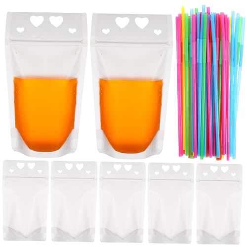 Food-Grade Drink Pouches Straws 50pcs Love Pattern Reclosable Zipper Translucent Heavy Duty