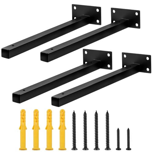 Glarks 4 Pack 10 Inch Black Shelf Brackets, Industrial Floating Shelf Bracket, Wall Mounted Heavy Duty Rustic Shelf Brackets with Screws and Anchors for Shelves Support DIY