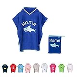 Stickling SET Kinder Badetuch Poncho und Waschhandschuh Waschlappen bestickt | personalisiert mit Namen | Baby Kapuze Bademantel | Robe | Baumwolle (dunkelblauer Hai L)