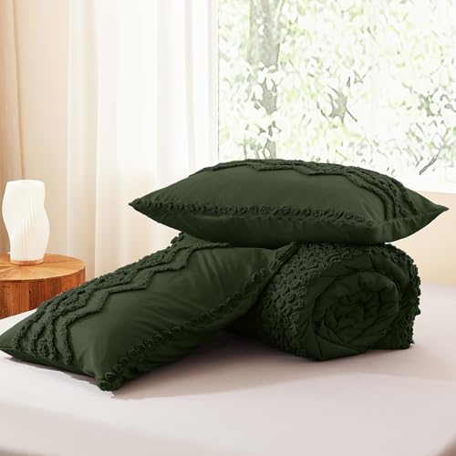Image of Luxudecor Olive Green Boho Tufted Comforter Set Full Size 3 Pieces Boho Shabby Chic Comforter Farmhouse Embroidery Bedding Set Soft Comforter for All Seasons (Olive Green, 80''x90'')