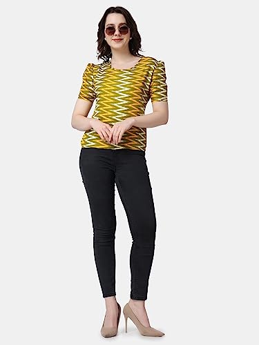 Image of POPWINGS Casual Printed Puff Sleeves Round Neck Top for Women || Stylish Summer Tops for Women || Hip-Length Women Top