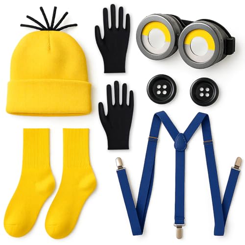 Lot de 7 costumes de Minion pour adulte - Pour carnaval, cosplay, Halloween, costume de Minions pour adultes et enfants (bonnet, 1 paire de lunettes, 1...