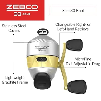 Zebco 33 Gold Spincast Fishing Reel, Changeable Right or Left-Hand Retrieve, All-Metal Gears, Pre-Spooled with Zebco Cajun Fishing Line