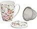 Produktbild matches21 Teetasse Teebecher Rose Blüten Rosenblüten mit Deckel & Teesieb aus Porzellan 11 cm / 300 ml