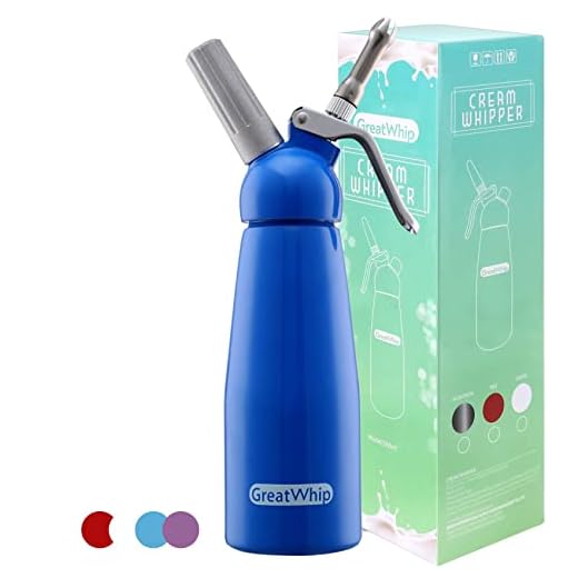 GreatWhip Dispensador de chantili de alumínio altamente durável para chantilly 500 ml e creme de grande capacidade com 3 bocais de aço inoxidável e escova de limpeza (azul)