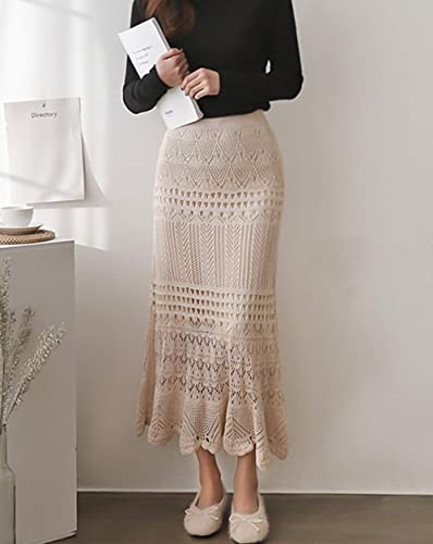 Women's Crochet Knitted Stretchy High Waist Hollow Out Lined Lace Maxi Skirt2