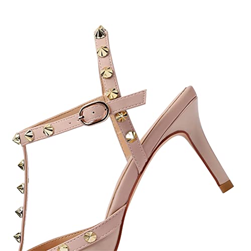 Image of XINIUNIU Studded Heels for Women Kitten Heels with Studs Stiletto Sandals with Rivet Ankle Strap Patent Leather Pointy Toe 2.5 Inch Party Daily Wear Evening Sandals