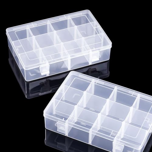 Image of 2 Pcs 12 Grids Clear Organizer Box Plastic Storage Container with Adjustable Dividers for Electronics Jewelry Beads Art DIY Crafts Fishing Small Parts